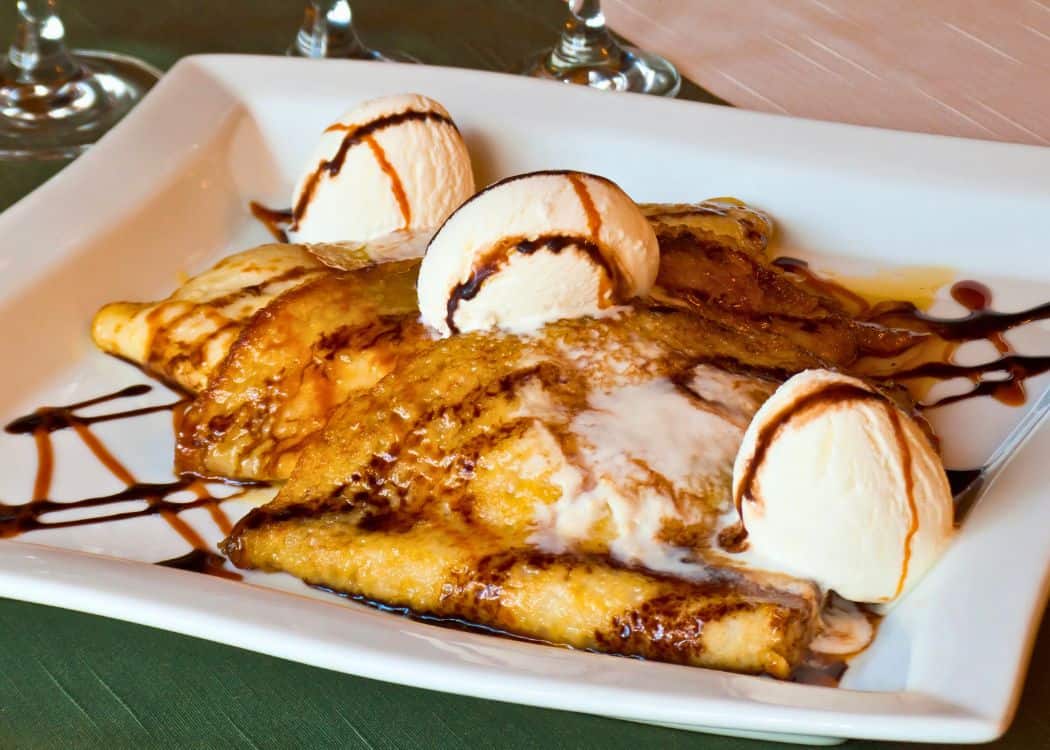 Crepes with Vanilla ice cream and chocolate drizzle